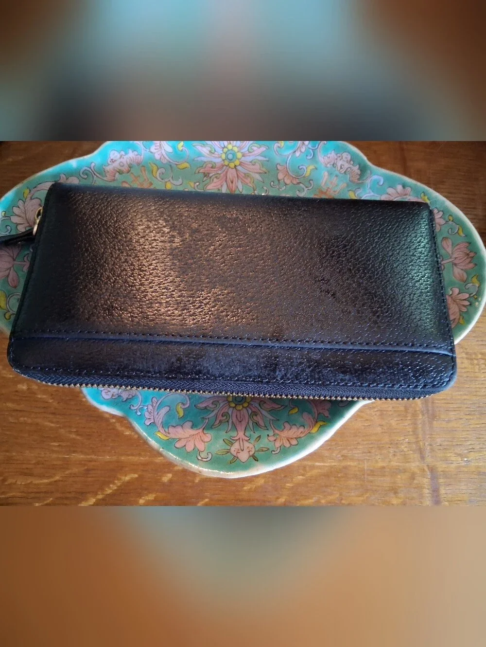 kate spade Black Leather Zip-Around Wallet with Gold Hardware